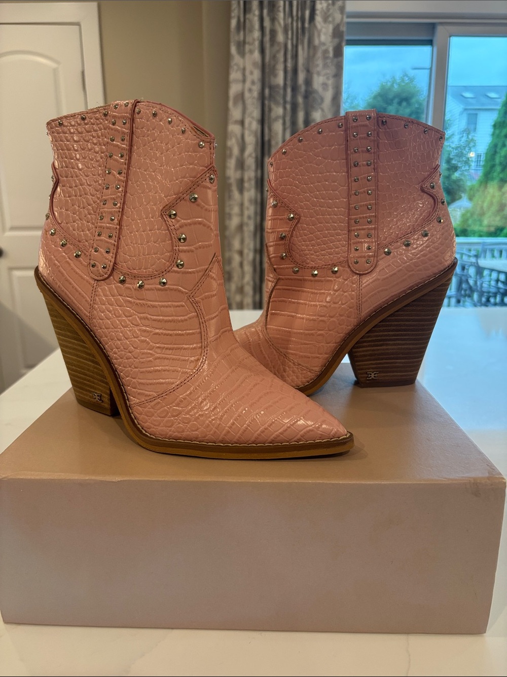 Sam Edelman Pink Croc-Embossed Western Ankle Boots with Stud Details